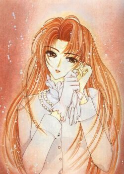 1990s_(style) 1girl cardcaptor_sakura clamp earrings female_focus gem gloves jewelry long_hair mizuki_kaho necklace pearl_(gemstone) retro_artstyle solo