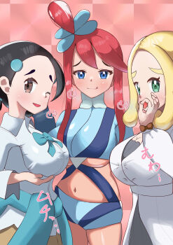 3girls :q black_hair blonde_hair blue_eyes blush breasts brown_eyes candice_(pokemon) cleavage clothes_around_waist crop_top edwith27 green_eyes handjob_gesture large_breasts long_sleeves looking_at_viewer midriff multi-tied_hair multiple_girls nintendo one_eye_closed pokemon pokemon_bw pokemon_dppt pokemon_masters_ex pokemon_xy red_hair short_hair_with_long_locks shorts skyla_(pokemon) sweater sweater_around_waist tongue tongue_out underboob viola_(holiday_2023)_(pokemon) viola_(pokemon) wink