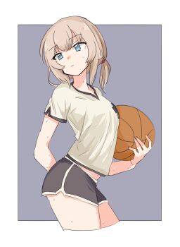 10s 1girl aaru_(kerogero1582) alternate_hairstyle arm_behind_back ball basketball basketball_(object) black_shorts blue_eyes closed_mouth commentary contrapposto cropped_legs dolphin_shorts emblem female_focus from_side girls_und_panzer grey_background gym_shirt gym_shorts gym_uniform hair_tie hair_up head_tilt highres holding holding_ball itsumi_erika light_frown looking_at_viewer medium_hair navel outline outside_border ponytail print_shirt reference_work shirt short_ponytail short_shorts short_sleeves shorts silver_hair single_vertical_stripe solo standing sweat v-neck white_outline white_shirt