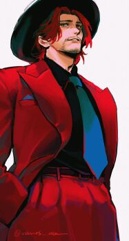 1boy absurdres alternate_costume beard blue_necktie commentary connected_beard english_commentary facial_hair formal_clothes hands_in_pockets hat highres male_focus necktie one_piece red_eyes red_hair red_suit scar scar_on_face shanks_(one_piece) short_hair signature smile solo suit teeth vamos_mk