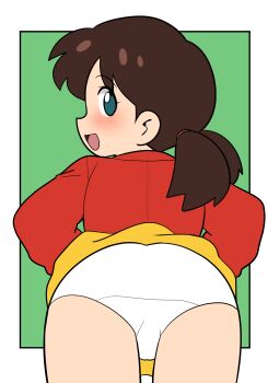 1girl ass blue_eyes blush brown_hair clothes_lift from_behind green_background highres jacket loli long_sleeves looking_at_viewer looking_back low_twintails open_mouth original panties red_jacket short_hair skirt skirt_lift smile standing twintails underwear white_panties yellow_skirt yume_yoroi