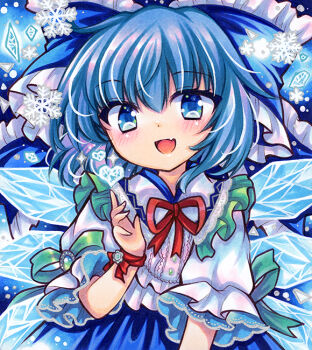1girl :d blue_background blue_bow blue_eyes blue_skirt bow center_frills cirno collared_shirt cryokinesis fang frilled_bow frilled_shirt_collar frills hair_bow heart ice ice_wings looking_at_viewer marker_(medium) neck_ribbon open_mouth puffy_short_sleeves puffy_sleeves red_ribbon ribbon rui_(sugar3) shirt short_hair short_sleeves skin_fang skirt smile snowflakes solo touhou traditional_media upper_body white_shirt wings