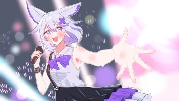 Rule 34 | 1girl, animal ear fluff, animal ears, artist name, blush, bow, cat ears, cat girl, collared shirt, commentary, english commentary, eyelashes, filian (vtuber), foreshortening, hair ornament, highres, holding, holding microphone, indie virtual youtuber, khs4love, layered skirt, lens flare, microphone, mint (vrchat), multicolored skirt, open mouth, outline, outstretched arm, purple bow, purple eyes, second-party source, shirt, short hair, single suspender, skirt, sleeveless, sleeveless shirt, smile, solo, suspender skirt, suspenders, teeth, upper teeth only, virtual youtuber, white hair, white outline, white shirt, x hair ornament