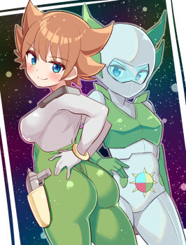 Rule 34 | 1girl, ass, blue eyes, blush, bodysuit, breasts, brown hair, cougar (cougar1404), from behind, gloves, gun, helmet, laser weapon, looking at viewer, medium breasts, original, short hair, sideboob, skin tight, smile, solo, weapon