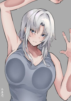 1girl :| absurdres against_fourth_wall against_glass alternate_costume arm_up armpits bare_arms blue_eyes blush breast_press breasts breasts_on_glass closed_mouth commentary commentary_request curtained_hair eyes_visible_through_hair grey_background grey_hair grey_tank_top highres large_breasts looking_at_viewer sideboob signature simple_background solo sweat tank_top touhou upper_body yagokoro_eirin yagoro_kusuriya