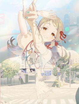 1girl arms_up blonde_hair bracelet braid brown_eyes brown_hair building city colored_eyelashes commentary_request crosswalk dress earrings fingernails flipped_hair from_behind gakuen_idolmaster gradient_hair green_nails grey_hair grey_nails hair_ribbon hanami_ume highres idolmaster intersection jewelry kuramoto_china light_blush long_hair looking_ahead looking_at_viewer multicolored_hair multiple_bracelets multiple_views nail_polish open_mouth orange_eyes outdoors own_hands_together pedestrian_lights projected_inset puffy_short_sleeves puffy_sleeves reaching red_ribbon ribbon ribbon_braid road road_sign robe screen shinosawa_hiro shoes short_hair short_sleeves side_braid sidewalk sign single-shoulder_dress single_bare_shoulder smile standing stop_sign street stud_earrings sunfaded_(idolmaster) tanupon traffic_light tree triangle_hands urban white_dress white_robe white_shoes wide_shot