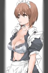 Rule 34 | 1girl, alternate costume, apron, back bow, black dress, bow, bra, breasts, bright pupils, brown eyes, brown hair, cleavage, collared dress, commentary, dress, elf (stroll in the woods), enmaided, frilled apron, frills, girls und panzer, grey bra, highres, light smile, looking to the side, maid, maid headdress, medium breasts, navel, nishizumi miho, open mouth, puffy short sleeves, puffy sleeves, short hair, short sleeves, solo, textless version, unbuttoned, underwear, waist apron, white apron, white bow, white pupils