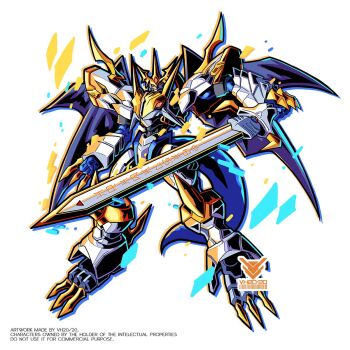 armor digimoji digimon digimon_(creature) dragon forehead_jewel full_body highres holding holding_sword holding_weapon imperialdramon imperialdramon_paladin_mode simple_background sword vh20/20 weapon white_armor white_background