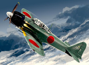 Rule 34 | 1boy, a6m zero, aircraft, airplane, cloud, cloudy sky, flight suit, flying, helmet, imperial japanese navy, kill markings, looking at viewer, matsuda juukou, military, military vehicle, original, outdoors, pilot, pilot helmet, propeller, propeller fighter, roundel, signature, sky, vehicle focus, world war ii