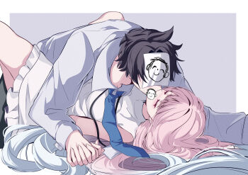 1boy 1girl absurdres adam&#039;s_apple bare_arms between_thighs black_hair black_pants blue_archive blue_necktie blush border boy_on_top breasts censored censored_kiss character_censor closed_eyes collared_shirt commentary couple covered_face curtained_hair doodle_sensei_(blue_archive) dress dress_pants dress_shirt eugeo_032 face-to-face frilled_dress frills furrowed_brow gradient_hair grey_background hair_down hair_spread_out hetero highres holding_hands interlocked_fingers kiss lanyard light_frown long_hair lying lying_on_person medium_breasts mika_(blue_archive) multicolored_hair necktie nose_blush novelty_censor on_back paid_reward_available pants paper_on_head pink_hair sensei_(blue_archive) shirt short_dress short_hair simple_background sleeveless sleeveless_dress spread_legs sweatdrop two-tone_hair u_u very_long_hair very_short_hair white_border white_dress white_hair white_shirt wing_collar