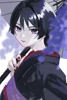 1boy alternate_costume androgynous arm_at_side black_hair black_kimono black_sleeves blunt_ends colored_skin eyeliner eyeshadow genshin_impact highres holding holding_umbrella japanese_clothes juban kimono looking_at_viewer makeup male_focus oil-paper_umbrella painterly portrait purple_eyes purple_sash red_eyeliner red_eyeshadow red_kimono red_lips red_nails sash scaramouche_(genshin_impact) solo tsurime tukitoji0070 umbrella white_skin white_umbrella wispy_bangs