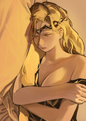 1girl absurdres bed_sheet black_dress blonde_hair braid breasts circlet cleavage closed_mouth crossed_arms dress elden_ring gold_diadem highres long_braid looking_to_the_side miao_jiangyou off-shoulder_dress off_shoulder pillow queen_marika_the_eternal simple_background single_braid solo upper_body