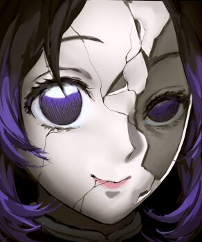 1girl absurdres black_hair broken_mask highres kimetsu_no_yaiba kochou_shinobu li_nauu looking_at_viewer mask meme multicolored_hair parted_bangs portrait purple_eyes purple_hair smile two-tone_hair
