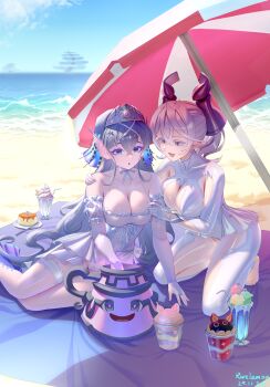 2girls absurdres alternate_costume artist_name beach beach_umbrella blue_eyes breasts cleavage collarbone commentary_request cupsie_yummy dated demon_girl demon_horns detached_sleeves drill_hair drinking_straw duel_monster earrings fins fish_girl food grey_eyes grey_hair hair_between_eyes hair_ornament hand_on_another&#039;s_shoulder head_fins highres horns ice_cream jewelry kitkallos_(yu-gi-oh!) large_breasts long_hair looking_at_another lovely_labrynth_of_the_silver_castle multiple_girls navel open_mouth plate pointy_ears primeval_planet_perlereino pudding puffy_sleeves rare_lemon short_sleeves silver_tiara sitting smile spoon stomach tearlaments_kitkallos thighhighs twin_drills umbrella very_long_hair white_thighhighs yokozuwari yu-gi-oh! yuri