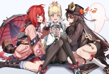 3girls @_@ absurdres alice_thymefield black_boots black_hat black_pantyhose black_shoes black_skirt boo_tao_(genshin_impact) boots braid brown_hair cardigan commentary_request flower-shaped_pupils genshin_impact ghost green_eyes green_skirt grey_background hair_between_eyes hair_ornament hat heterochromia highres hu_tao_(genshin_impact) kamanosuke_(zenless_zone_zero) knee_boots kneehighs long_hair long_sleeves looking_at_another low_twintails mihoyo multiple_girls panties pantyhose pink_cardigan red_eyes red_hair shirt shoes simple_background sitting skirt socks striped_clothes striped_socks symbol-shaped_pupils twintails ukinami_yuzuha umbrella underwear very_long_hair white_shirt white_socks yellow_eyes yutoriko_(candy0905) zenless_zone_zero