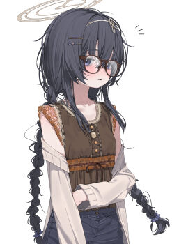 1girl absurdres alternate_costume alternate_hairstyle bags_under_eyes black_hair blue_archive blush braid brown-framed_eyewear brown_cardigan brown_shirt cardigan crossed_bangs denim glasses hair_between_eyes hair_ornament hairband hairclip halo highres jewelry long_hair long_sleeves looking_at_viewer messy_hair necklace notice_lines off_shoulder parted_lips purple_eyes shirt short_sleeves simple_background solo sweat twin_braids ui_(blue_archive) very_long_hair white_background yoru_uyo