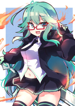 1girl absurdres ahoge aqua_eyes aqua_hair arm_up black_coat black_gloves black_necktie black_skirt black_thighhighs blue_background border borrowed_character breasts coat collared_shirt commission cowboy_shot double-parted_bangs double-parted_hair fang fire flipped_bangs glasses gloves glowing_trim green_trim happy highres holding holding_behind_back holding_weapon_behind_back index_finger_raised kurosaki_kousuke long_hair long_sleeves looking_at_viewer medium_breasts midriff miniskirt navel necktie open_clothes open_coat open_mouth original outstretched_arm partially_unbuttoned pleated_skirt pyrokinesis rectangular_eyewear red-framed_eyewear second-party_source shirt sidelocks skin_fang skirt solo standing sword thighhighs v-shaped_eyebrows very_long_hair weapon white_border white_shirt wing_collar zettai_ryouiki