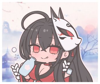 Rule 34 | 1girl, azur lane, bandaged neck, bandages, black hair, bottle, breasts, character name, chibi, chibi only, cleavage, commentary, futaba (anti clockwise), hair between eyes, holding, holding bottle, japanese clothes, kimono, large breasts, long hair, looking at viewer, mask, mask on head, oni mask, red eyes, red kimono, sake bottle, solo, symbol-only commentary, taihou (azur lane), taihou (meta) (azur lane), tongue, tongue out, very long hair