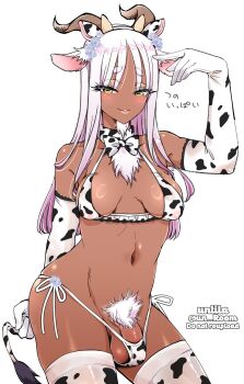 1boy :3 absurdres animal_ears animal_print arm_up beard bikini breasts breasts_apart covered_erect_nipples cow_ears cow_horns cow_print cow_tail dark_skin elbow_gloves facial_hair finger_to_head frills gloves goat_boy goat_ears highres horizontal_pupils horns light_smile long_hair looking_at_viewer male_pubic_hair male_with_breasts nagano_rira navel neck_ribbon original pam_(nagano_rira) penis penis_peek pink_hair pubic_hair ribbon short_eyebrows side-tie_bikini_bottom swimsuit tail testicle_peek testicles thick_eyebrows thighhighs trap white_background white_hair yellow_eyes