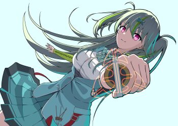 >:) 1girl aiming aiming_at_viewer aqua_background aqua_bow aqua_bowtie aqua_jacket aqua_skirt arm_warmers blue_background blue_bow blue_bowtie blue_jacket blue_skirt bow bowtie breasts closed_mouth commentary cowboy_shot detached_sleeves dutch_angle green_bow green_bowtie green_hair grey_hair hair_between_eyes hair_ornament hairclip heaven_burns_red highres holding jacket large_breasts long_hair long_sleeves looking_at_viewer multicolored_hair ooshima_isuzu phant0m pink_eyes pleated_skirt purple_eyes school_uniform shirt simple_background skirt smile smug solo streaked_hair two_side_up v-shaped_eyebrows white_shirt x_hair_ornament