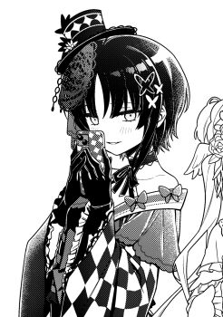 Rule 34 | 1girl, bare shoulders, butterfly hair ornament, frilled sleeves, frills, ggulchoo, gloves, greyscale, hair ornament, hands up, hat, holding, holding phone, housho margo, japanese clothes, kimono, lolita fashion, long sleeves, looking at viewer, mahou shoujo no majo saiban, mini hat, mini top hat, monochrome, parted bangs, phone, short hair, simple background, smile, solo, tono hanna, top hat, upper body, wa lolita, white background