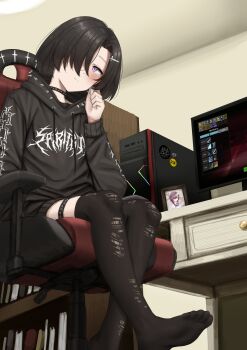 1girl absurdres black_hair black_thighhighs blush bookshelf choker computer cross_hair_ornament drawstring feet goth_fashion hair_ornament hair_over_one_eye highres hood hood_down hoodie indoors kurotama_rei lobsteranian mole mole_under_eye monitor original parted_bangs photo_(object) purple_eyes risk_of_rain risk_of_rain_(series) risk_of_rain_2 short_hair sitting soles solo thigh_strap thighhighs toes