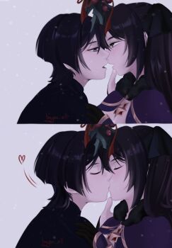 1boy 1girl artist_name black_bow black_gloves black_hair black_shirt blunt_ends bow brooch byyou_all christmas closed_eyes closed_mouth couple eye_contact eyelashes eyeliner eyeshadow face-to-face fur_collar genshin_impact gloves green_eyes hair_bow half-closed_eyes hand_on_another&#039;s_shoulder heart hetero highres jewelry kiss long_hair looking_at_another makeup mistletoe mona_(genshin_impact) off_shoulder open_mouth outdoors pink_lips purple_eyes purple_hair red_eyeliner red_eyeshadow scaramouche_(genshin_impact) sequential shirt sidelocks snowing split_screen star_brooch thumb_to_chin tsurime white_background