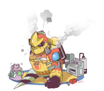 2boys @_@ drill_hand escargon flying_sweatdrops holding holding_pencil king_dedede kirby:_right_back_at_ya! kirby_(series) kirby_mass_attack monocle multiple_boys nintendo pencil rice_(kotobuki) robot signature smoke snail_shell toolbox wrench