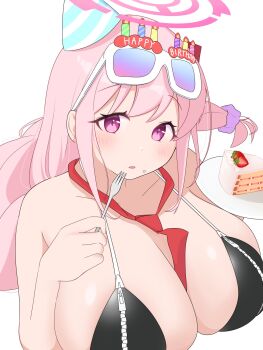 1girl between_breasts birthday black_bra blue_archive blush bra braid breasts cake cleavage eimi_(blue_archive) food food_on_face fork halo hat holding holding_food holding_fork huge_breasts long_hair lovekaosu low-tied_long_hair necktie necktie_between_breasts party_hat pink_hair purple_eyes purple_scrunchie red_necktie scrunchie single_braid solo strawberry_shortcake sunglasses sunglasses_on_head underwear upper_body white_background zipper_bra zipper_pull_tab