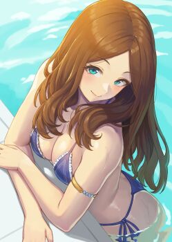 1girl armlet bare_shoulders bikini blue_bikini blue_eyes blush breasts brown_hair cleavage fate/grand_order fate_(series) forehead highres jewelry large_breasts leonardo_da_vinci_(fate) long_hair looking_at_viewer parted_bangs pool poolside ranma_(kamenrideroz) smile solo swimsuit