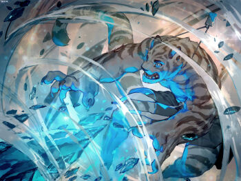 1boy animal_ears artist_name attack black_shorts blue_eyes claws colored_sclera commentary debris english_commentary fangs furry furry_male glowing highres male_focus motion_blur open_mouth original shorts solo tail teeth tiger_boy tiger_ears tiger_stripes tiger_tail topless_male white_fur wincalblanke