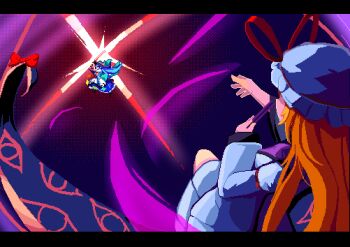 Rule 34 | 2girls, absurdres, battle, blonde hair, blue hair, blue skirt, brodall pixel, dress, floating, folded fan, folding fan, gap (touhou), hand fan, hat, highres, hinanawi tenshi, holding, holding fan, holding sword, holding weapon, long hair, long sleeves, mob cap, multiple girls, peach hat ornament, pixel art, purple tabard, red eyes, ribbon, shirt, short sleeves, skirt, sword, sword of hisou, tabard, touhou, weapon, white dress, white shirt, yakumo yukari