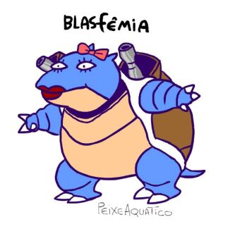 1boy artist_name blastoise cannon claws closed_mouth full_body gen_1_pokemon lipstick makeup nintendo parody peixeaquatico pokemon pokemon_(creature) portuguese_text pun ribbon shell signature simple_background tail translated what white_background