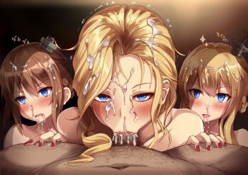 1boy 3girls aftersex azur_lane blonde_hair blue_eyes blush braid brown_hair censored collarbone cooperative_fellatio crown_braid cum cum_in_mouth cum_in_nose cum_on_body cum_on_hair dot_nose drooling faceless faceless_male facial fellatio fingernails gradient_background hair_ornament hairy hairy_legs half-closed_eyes hetero hood_(azur_lane) hot_melon lips lipstick long_hair looking_at_viewer makeup male_pubic_hair mosaic_censoring multiple_girls nail_polish netorare nude open_mouth oral penis pov pov_crotch pubic_hair red_lips red_nails renown_(azur_lane) repulse_(azur_lane) shiny_skin short_hair smile teamwork_(sexual) tears testicle_hair trembling upper_body