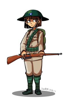 1girl bob_cut bolt_action brodie_helmet brown_eyes brown_hair closed_mouth combat_helmet commentary_request dayue full_body gun helmet highres holding holding_gun holding_weapon kuomintang mauser_98 military military_uniform national_revolutionary_army original rifle short_hair simple_background solo standing taiwan weapon white_background
