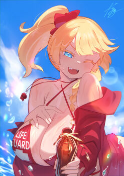 Rule 34 | 1girl, absurdres, bikini, blonde hair, blue eyes, blue sky, borrowed character, bottle, braid, breasts, cola, colored eyelashes, florida-chan (ryusei hashida), florida bikini, hand on own chest, highres, hood, hoodie, huge breasts, large breasts, lifeguard, long hair, looking at viewer, off shoulder, one eye closed, open mouth, original, ponytail, red bikini, red hoodie, red scrunchie, sakazu mekasuke, scrunchie, signature, sky, smile, soda bottle, solo, swimsuit, upper body, water