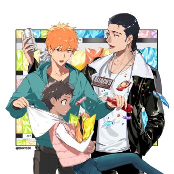 Rule 34 | 1other, 2boys, androgynous, aqua hoodie, bad id, bad twitter id, black hair, black jacket, bleach, bleach: can't fear your own world, brand name imitation, brown eyes, can, candy, chain, chain necklace, chocolate, chocolate bar, dark skin, denim, enpissi, food, ginjou kuugo, hair slicked back, hershey's, holding, holding can, hood, hoodie, jacket, jeans, jewelry, kurosaki ichigo, lollipop, multiple boys, necklace, orange hair, pants, pink vest, red eyes, short hair, twitter username, ubuginu hikone, vest, white hoodie