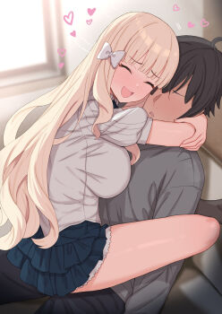 Rule 34 | 1boy, 1girl, black hair, black pants, blonde hair, blue skirt, blunt bangs, blush, bow, breasts, closed eyes, commentary request, grey shirt, hair bow, heart, highres, hug, large breasts, long hair, long sleeves, open mouth, pants, princess connect!, saren (princess connect!), saren (real) (princess connect!), shirt, short hair, short sleeves, sidelocks, sitting, sitting on person, sixteenpo, skirt, smile, white shirt, yuuki (princess connect!)