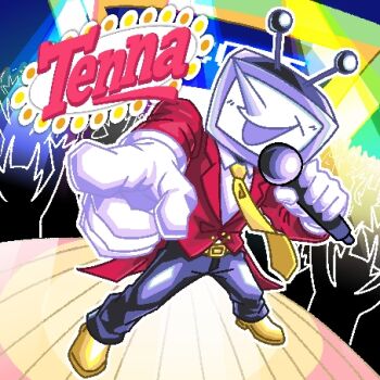 ant_tenna antennae arms_up belt belt_buckle black_pants buckle character_name crowd deltarune formal_clothes gloves holding holding_microphone horns korean_commentary lowres male_focus microphone multiple_boys necktie object_head open_mouth outline pants pointing pointing_at_viewer pointy_nose red_suit scoreboard shadowguy_(deltarune) shoes smile solo_focus stage stage_lights suit television user_tsha8278 utdr_(toby_fox) white_gloves yellow_necktie yellow_shoes