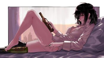 1girl barefoot black_hair bottle breasts cigarette cleavage collared_shirt commentary_request commission feet fumato grin highres holding holding_bottle holding_cigarette looking_at_viewer lying medium_hair on_back on_bed original partially_unbuttoned pillow scar scar_across_eye scar_on_face shirt smile smoke solo toes white_shirt