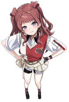 Rule 34 | 1girl, absurdres, bike shorts, black shoes, blush, brown hair, dondobi, full body, gakuen idolmaster, gloves, hajime (idolmaster), hanami saki, highres, idolmaster, long hair, looking at viewer, official alternate costume, pleated skirt, shirt, shoes, simple background, single glove, skirt, smile, solo, two-tone sweater vest, two side up, white background, white shirt, white skirt