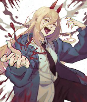1girl black_necktie black_pants blonde_hair blood blood_on_face blue_jacket blurry breasts chainsaw_man chromatic_aberration commentary_request cross-shaped_pupils hair_between_eyes highres hood hooded_jacket horns jacket long_hair medium_breasts necktie nomu_poncha open_mouth pants power_(chainsaw_man) red_horns sharp_teeth shirt_partially_tucked_in smile solo symbol-shaped_pupils teeth tongue tongue_out yellow_eyes