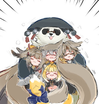 2girls 3boys :3 animal_ear_fluff animal_ears az79709363 bare_shoulders behind_another black_fur black_shirt blonde_hair blush bow bracelet brown_hair brown_tail china_dress chinese_clothes closed_eyes closed_mouth clover clover_hair_ornament commentary_request crossed_bangs dress droopy_ears emphasis_lines facial_mark fat forehead_mark furry furry_male glasses grey_hair hair_between_eyes hair_ornament hairband highres hug jewelry ju_fufu long_hair motion_lines multicolored_fur multiple_boys multiple_girls official_alternate_costume open_mouth orange_fur pan_yinhu panda_boy panda_ears round_eyewear shirt short_hair simple_background smile spiked_bracelet spikes striped_fur striped_hair sweat sweatdrop tail tail_bow tail_ornament tiger_ears tiger_girl tiger_stripes tiger_tail upper_body very_long_hair very_long_tail white_background white_fur white_hairband wise_(soaring_crane)_(zenless_zone_zero) wise_(zenless_zone_zero) wok ye_shiyuan ye_shunguang zenless_zone_zero