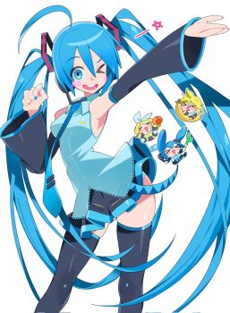 >_< 1boy 2girls ahoge arm_up armpits bizarre_cuco black_boots black_skirt blonde_hair blue_eyes blue_hair blue_nails blush_stickers boots brother_and_sister chibi closed_eyes clothes_lift detached_sleeves hashtag-only_commentary hatsune_miku headset highres kagamine_len kagamine_rin long_hair looking_at_viewer miniskirt multiple_girls nail_polish one_eye_closed open_mouth pleated_skirt shirt short_hair siblings skirt skirt_lift sleeveless sleeveless_shirt smile spring_onion star_(symbol) thigh_boots thighhighs vocaloid