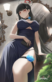 1girl absurdres alternate_costume artist_name bare_shoulders black_choker black_dress black_hair blue_archive blunt_bangs blush breasts bright_pupils choker clothing_cutout commentary dress earrings from_below hair_ornament hairclip halo highres holding jewelry large_breasts long_hair looking_at_viewer looking_down mirror nail_polish parted_lips red_eyes red_nails revision rio_(blue_archive) signature solo thigh_strap thighs underboob_cutout white_pupils yamikyon