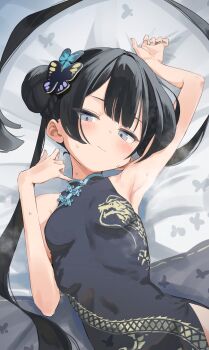 1girl armpits black_eyes black_hair blue_archive breasts china_dress chinese_clothes dress halo kisaki_(blue_archive) looking_at_viewer lying mocha_kichi on_bed small_breasts solo twitter