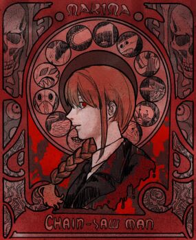 1girl angel_devil_(chainsaw_man) beam_(chainsaw_man) black_jacket black_necktie blood blood_drip blood_on_clothes bomb_devil_(chainsaw_man) braid braided_ponytail chainsaw_devil chainsaw_man character_name collared_shirt copyright_name drgryu750 extra_eyes formal_clothes fox_devil_(chainsaw_man) future_devil_(chainsaw_man) ghost_devil_(chainsaw_man) halo highres jacket katana_man_(chainsaw_man) long_hair looking_at_viewer makima_(chainsaw_man) necktie plague_doctor_mask portrait red_eyes red_hair red_theme reze_(chainsaw_man) ringed_eyes shark_devil_(chainsaw_man) shirt sidelocks sideways_glance solo suit suit_jacket typhoon_devil_(chainsaw_man) violence_fiend_(chainsaw_man) white_shirt