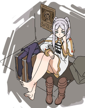 1girl absurdres barefoot boots feet frieren green_eyes grey_hair hand_on_own_knee highres long_hair looking_at_viewer pantyhose paxa349 pointy_ears shoes sousou_no_frieren toes twintails unworn_boots unworn_pantyhose unworn_shoes