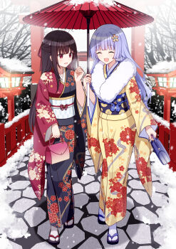 2girls absurdres black_hair date_a_live grey_hair highres izayoi_miku japanese_clothes kimono long_hair multiple_girls red_eyes smile snowing t@ke-g tokisaki_kurumi yukata