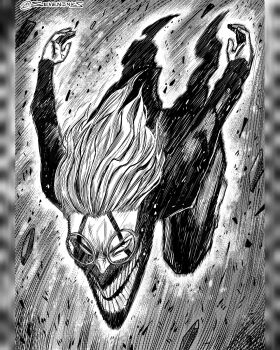 Rule 34 | 1boy, commentary request, dandadan, glasses, greyscale, highres, instagram username, male focus, mask, monochrome, motion lines, mouth mask, pillarboxed, serious, seveninks, solo, spanish commentary, speed lines, takakura ken (dandadan), takakura ken (transformed) (dandadan)